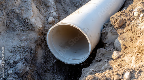 Wallpaper Mural Underground pipe installation, revealing the open end of a white pipeline lying in a trench of dirt and rocks during construction. Torontodigital.ca