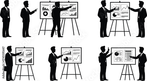 Business professionals presenting data, corporate charts, financial analysis, performance metrics, pie chart, bar graph, line graph, office strategy, isolated on white background