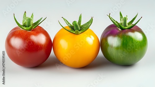 Wallpaper Mural Fresh ripe tomatoes in red, yellow and green colors with stems arranged in row on light background, healthy organic vegetables for cooking and salads. Torontodigital.ca
