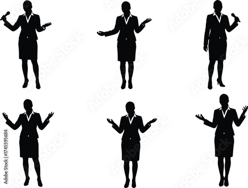 Businesswoman silhouette collection, professional female speaker poses, corporate presentation gestures, office body language, executive stance, isolated vector illustration for design use