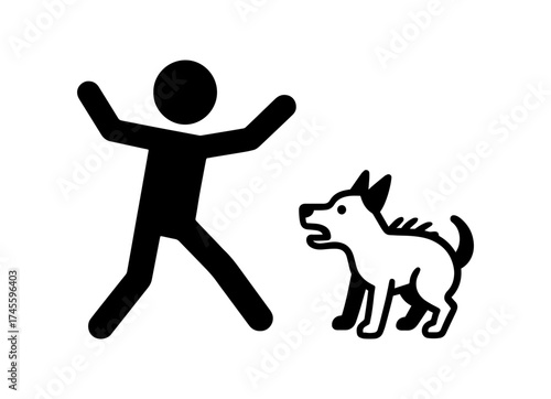 Caution, angry dog, scared man, stick figures stickman isolated icon