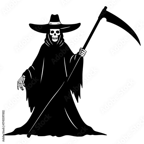 Grim Reaper holding a scythe in dark robe with wide-brimmed hat  