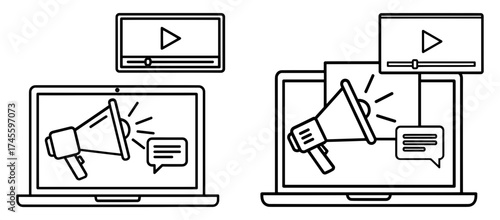 Vector art of online marketing campaign shown with a megaphone on a laptop and a video player