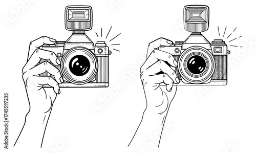Vector art of hand holding camera for photography, shooting, and capturing memories concept