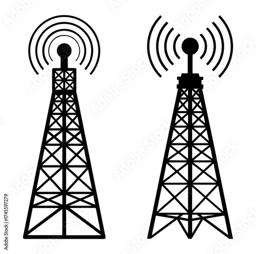 Vector art of two communication tower icons, symbolizing broadcasting and telecommunications infrastructure