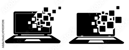Vector art of two laptop icons, representing data loss and digital disintegration concept
