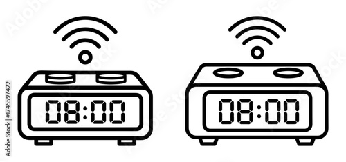 Vector art of two alarm clock icons, showing time, technology, and modern digital display