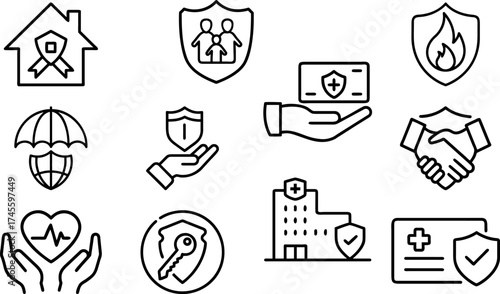 Insurance concept in iconographic illustration, depicting various aspects of protection and security