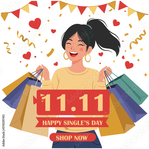 Vector of 11.11 Single day Poster or banner with product podium scene,gift box and shopping bag.11 november Single day sales banner template design for social media and website