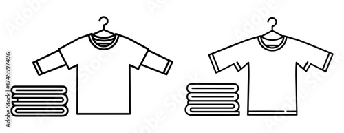 Vector art of two stacks of folded clothes and two tshirts on hangers laundry concept