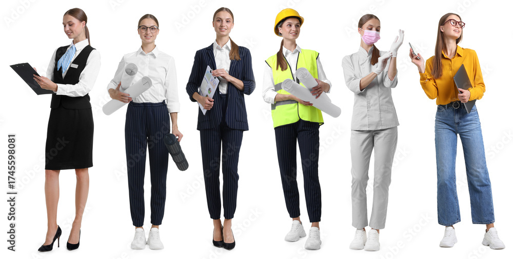 Obraz premium Choice of profession. Same woman representing different occupations. Collage of portraits on white background