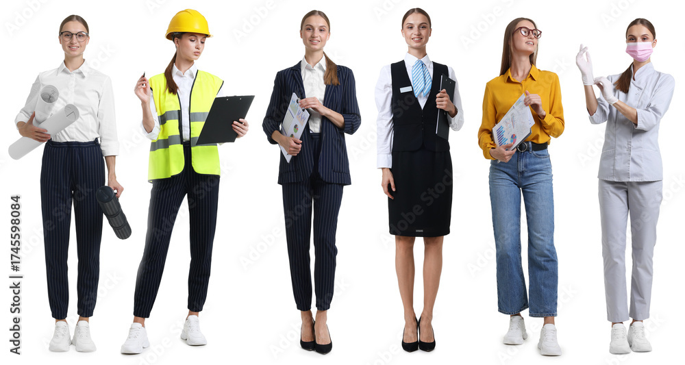 Obraz premium Choice of profession. Same woman representing different occupations. Collage of portraits on white background