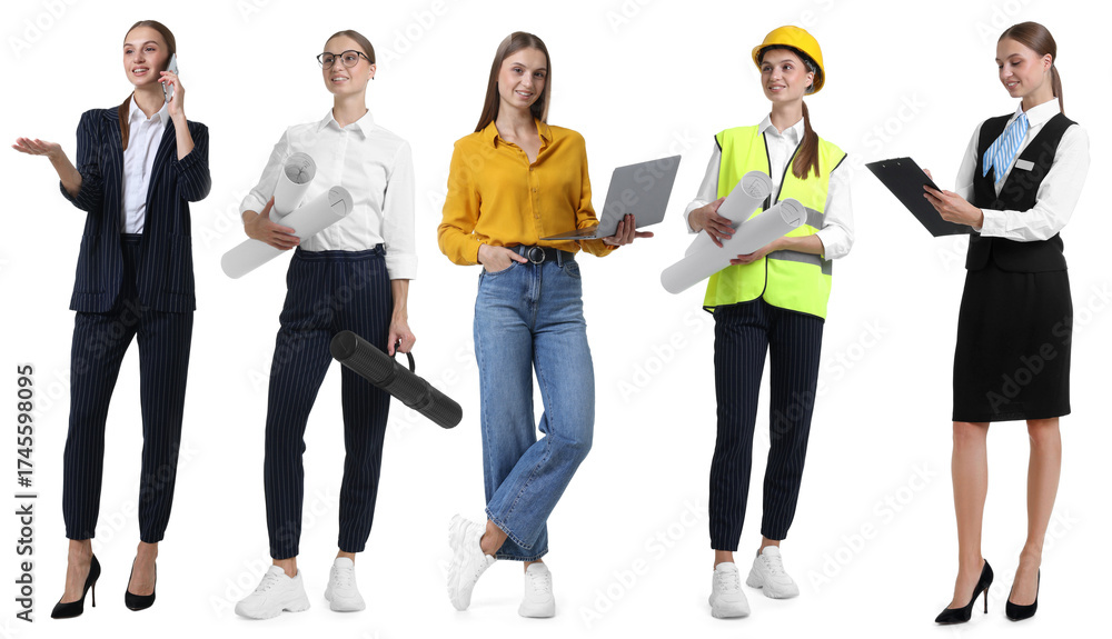 Obraz premium Choice of profession. Same woman representing different occupations. Collage of portraits on white background