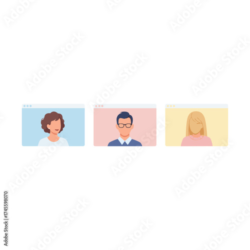 Illustration showing three people participating in a video conference call, each in a separate window.