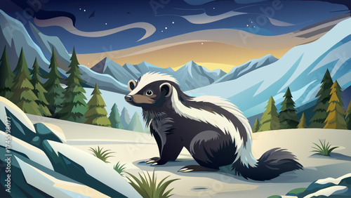 Beautiful Patagonia winter wildlife. Humboldt's hog-nosed skunk, Conepatus humboldtii, black and white fur coat animal. Skunk in nature winter habitat with snow, Laguna Sofia, Patagonia, Chile.