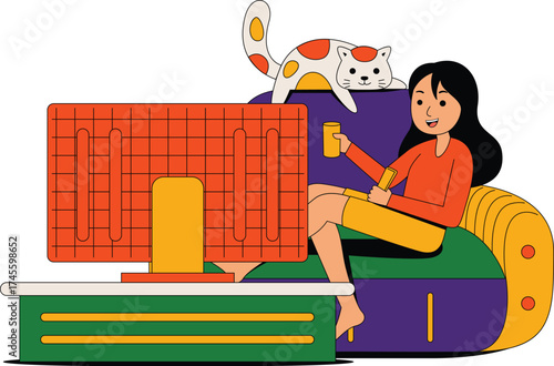 illustration of  woman watching TV with cat