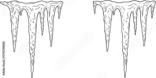 Flat vector illustration of hanging icicles in winter season, black and white line art, frozen ice shapes, cold weather elements