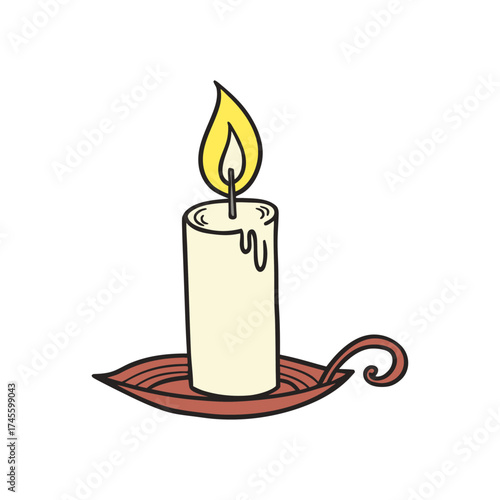 Hand-Drawn White Candle with Flame on Red Holder Illustration
