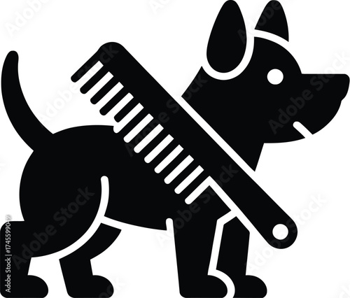 Dog grooming service illustration with comb for pet care and animal hygiene on transparent background