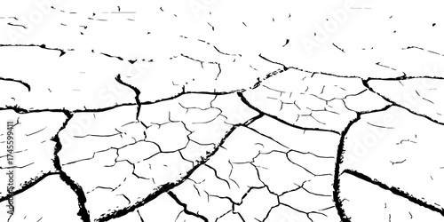 Black and white cracked dry soil texture background. Abstract drought land surface pattern showing arid earth and parched ground symbolizing climate change, heatwave, and environmental degradation.