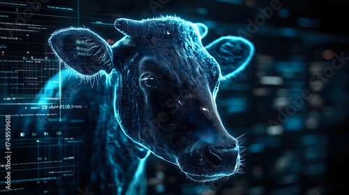 Digital hologram of cow head with glowing blue neon effect against dark background with data streams and technology elements for agriculture innovation concept.