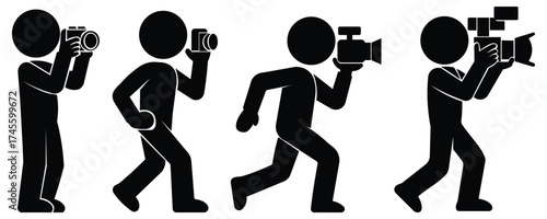 Stickman photographer and cameraman silhouette vector set, minimal black human figures holding camera and video recorder, simple photography and filmmaking icons for creative design and infographic 
