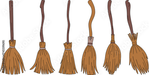 Set of witch broom vector illustration for halloween decoration and design idea on transparent background