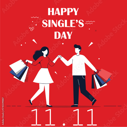 Vector of 11.11 Single day Poster or banner with product podium scene,gift box and shopping bag.11 november Single day sales banner template design for social media and website