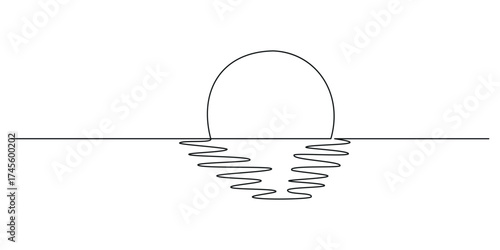 Continuous one line drawing of sunset at beach. sunset or sunrise in the ocean single line draw illustration. Editable stroke.