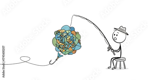 Stick figure fishing, catching abstract tangled colorful blob. Concept of problem-solving, unexpected challenge, or complex idea.