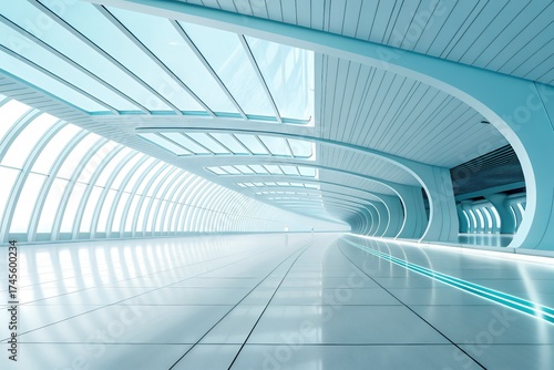 Futuristic bright white tunnel with glowing blue lights and curved architecture