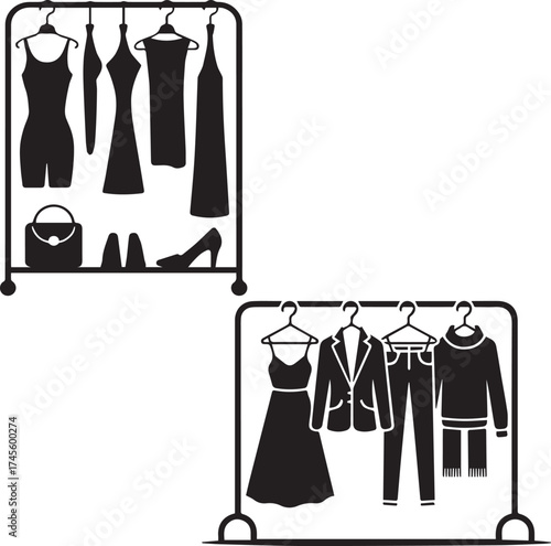 Fashion Clothing Rack with Dresses, Suits, and Accessories Silhouette