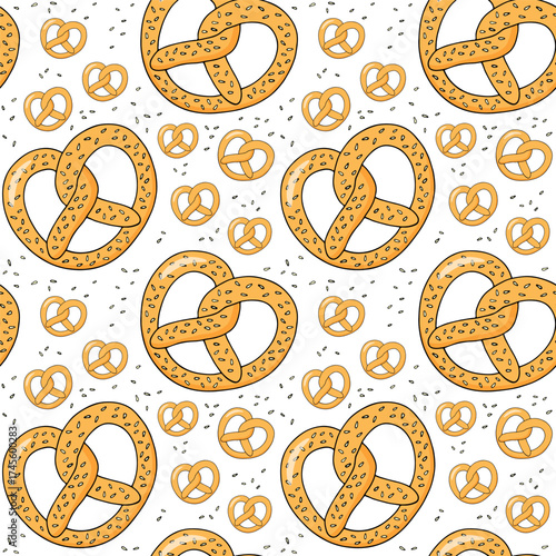 Pretzel with sesame seeds, seamless pattern, vector illustration. Twisted bun, traditional bavarian food. Doodle style. 