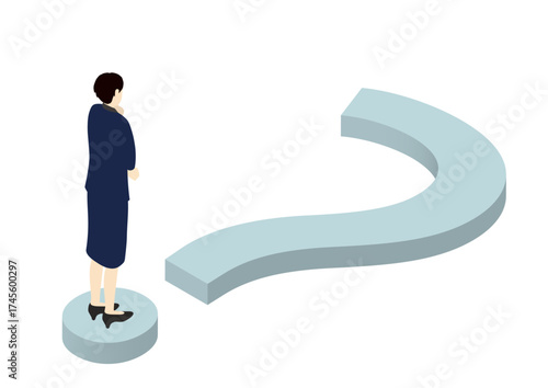 Businesswoman standing on a question mark, isometric illustration