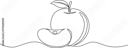 One-line drawing of an apple. Minimalist continuous line art of a whole and half apple