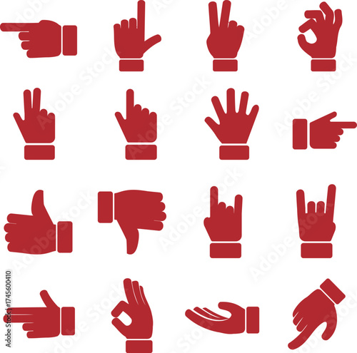 Red Hand Gesture Icons Set – Vector Illustration of Various Hand Signs and Symbols