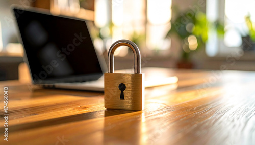 Padlock on desk with laptop bokeh for cybersecurity copy space