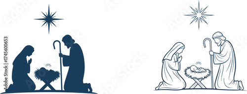 Nativity scene with Mary Joseph and baby Jesus, Bethlehem star, religious Christmas illustration, flat vector, silhouette and line art