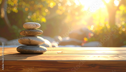 Balanced stones on wooden desk in warm light for calm business backgrounds