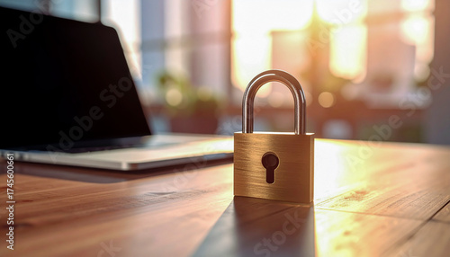 Padlock on desk with laptop bokeh for cybersecurity copy space