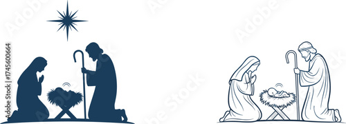 Nativity scene illustration, sacred birth of Jesus, holy family Christmas art, silhouette and outline versions, flat vector graphic design