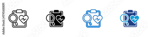 Health Analysis Multiple Style Icon Design Vector - Clipboard with magnifier and heart representing medical research, diagnosis or health examination