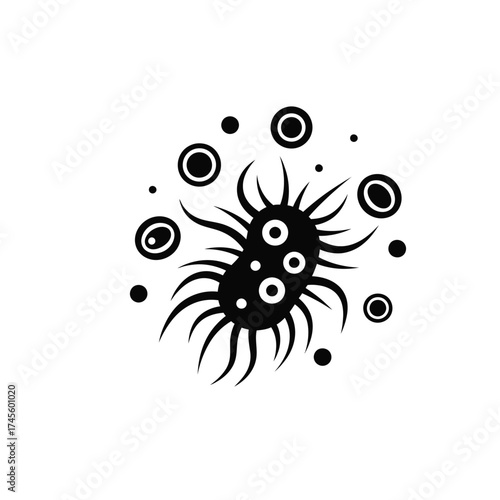 Illustration of a microbe with surrounding cells a conceptual black and white icon of science