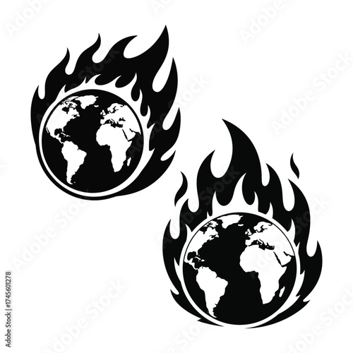 Stark graphic symbol of a burning Earth, depicting the urgent global environmental crisis and the critical threat of climate change to our planet