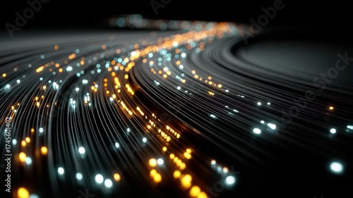 Abstract Dark Fiber Optic Cables with Orange and Blue Light Streaks