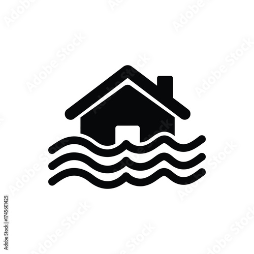 A simple black silhouette icon of a home flooding, illustrating a natural catastrophe, emergency crisis, and the effects of global warming