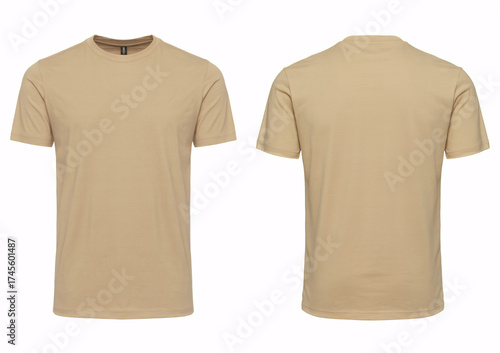 Front and back view of a plain tan tshirt isolated on white background