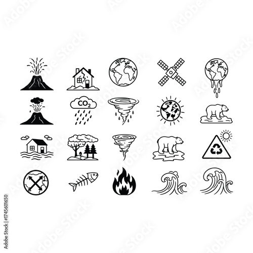 A collection of thin line icons depicting global climate change, environmental issues, and natural disasters
