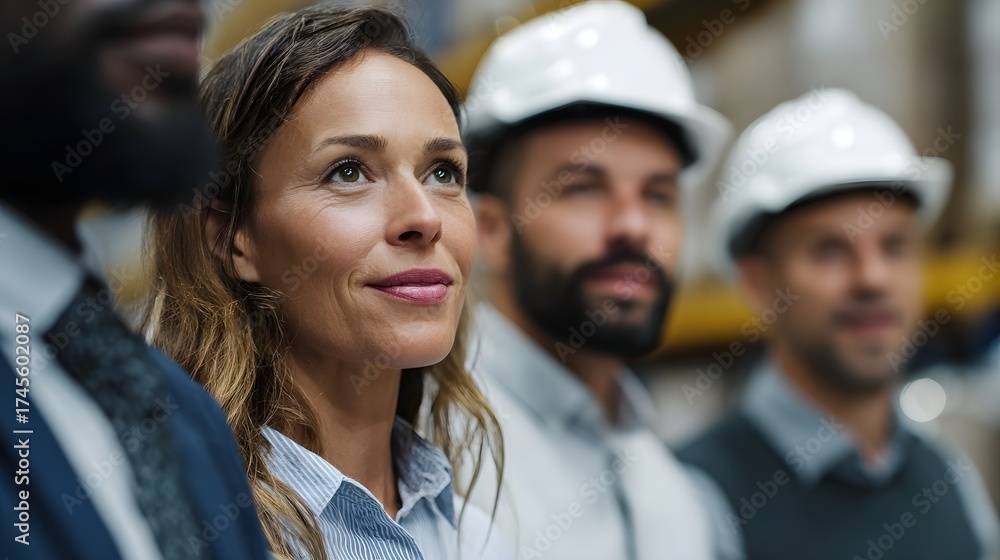 Fototapeta premium A diverse team of professionals collaborating in an industrial warehouse setting looking towards the future