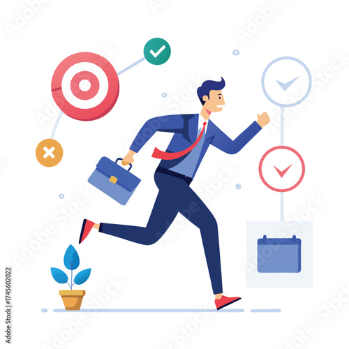 Concept of success steps to achieve business goals, challenge concept, cheerful businessman carrying darts on ladder to achieve bullseye dartboard. developing a journey or aiming to achieve a goal.